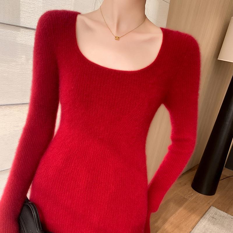 Chic Age-Defying Color-Block U-Neck Cashmere Sweater for Women - Slim Fit, Thick Knit Jacquard.