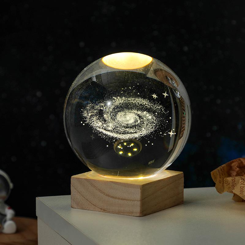 3D Solar System Crystal Ball Night Light with Wooden Base - Luminous Desktop Home Decor & Birthday Gift