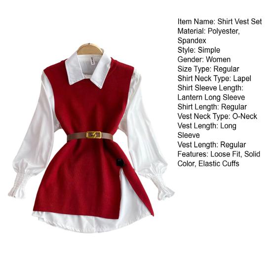 3Pcs/Set Women Shirt Vest Set Lapel Lantern Long Sleeve Single Breasted Shirt O-neck Side Slit Knitting Vest Set with Belt
