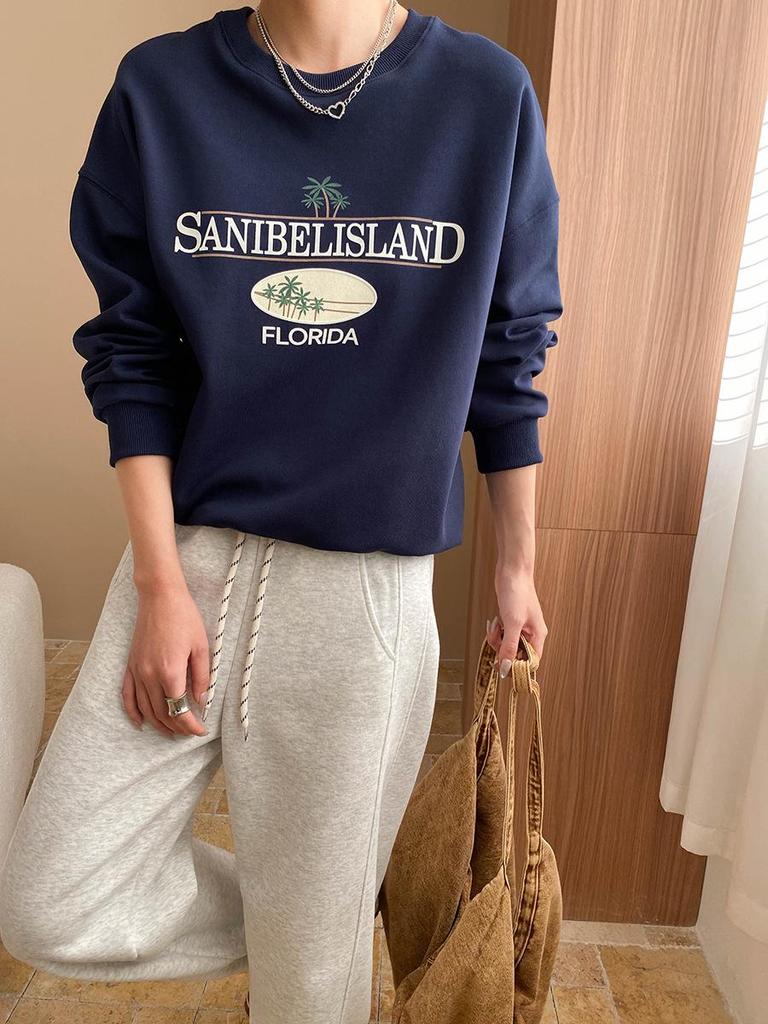 Sinan Весна Американский Стиль Кокосовая Дерево Принт Свободный Свитер SN7125