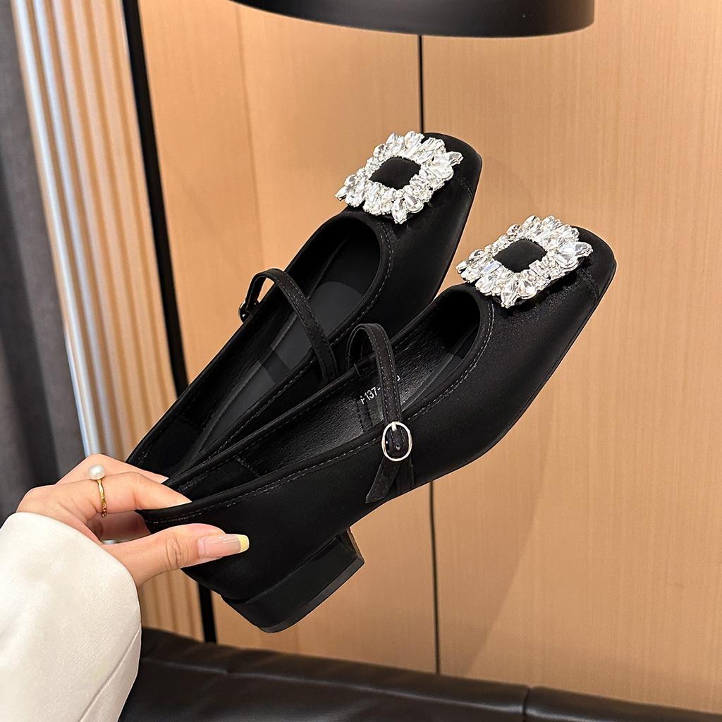 A137-2 новые неглубокие туфли Мэри Джейн на толстом каблуке со стразами 2025, женские туфли на плоской подошве с квадратной пряжкой, французские одинарные туфли для通勤