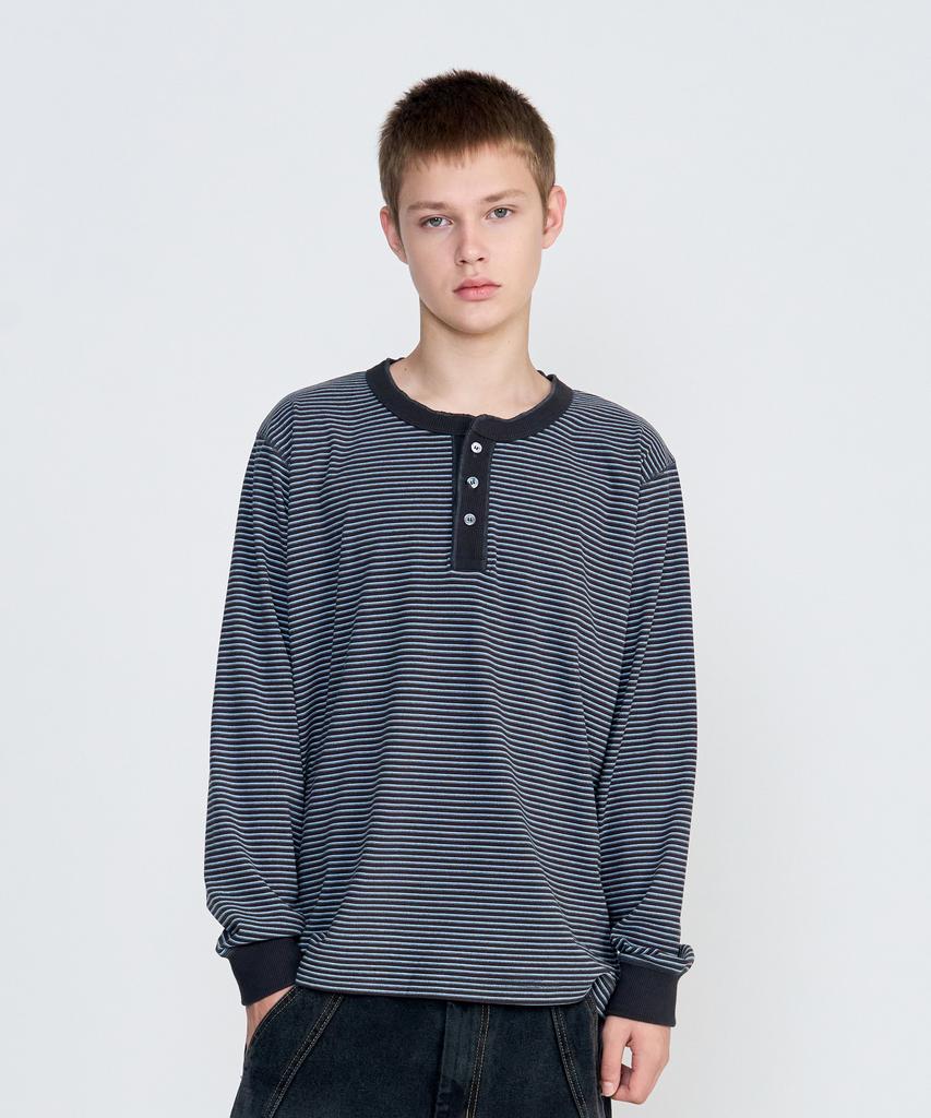 JUAN HOMME Striped Henley Neck Long Sleeve (Charcoal)