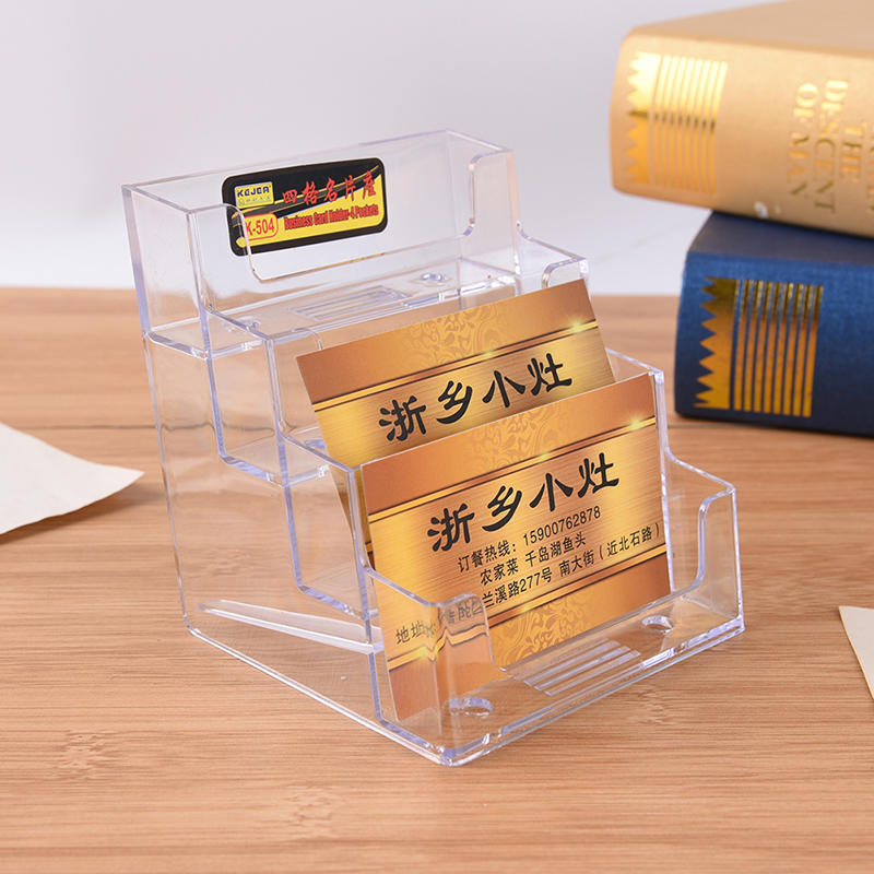 4 Pocket Desktop Clear Acrylic Business Card Holder Countertop Display Stand