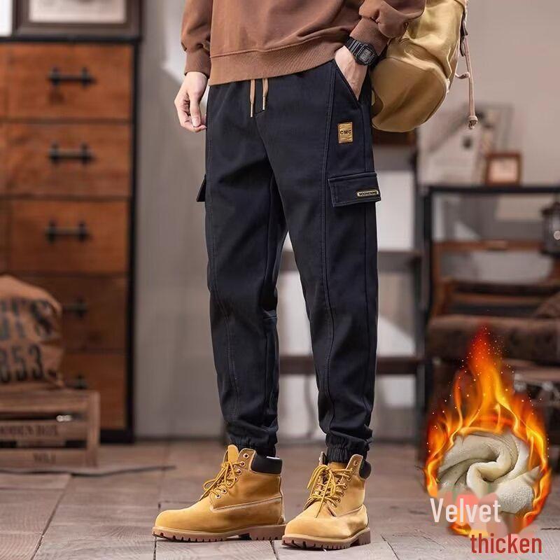 2024 Мужской бархатный комбинезон в американском стиле на осень/зиму: Универсальные, свободные, теплые, повседневные брюки
