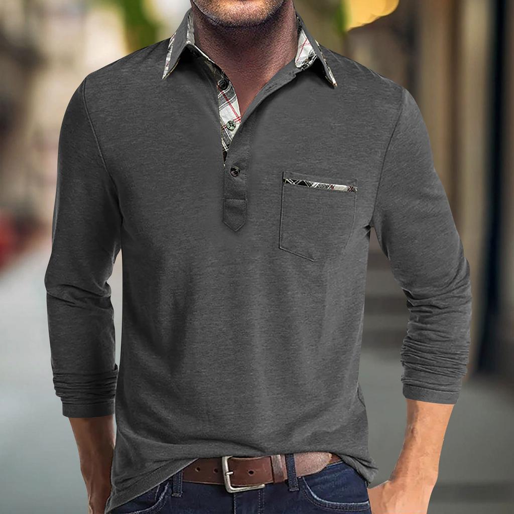 Мужская весенне-осенняя однотонная футболка с лацканами, 3 пуговицы, открытая планка и пуговицы, топ с длинными рукавами