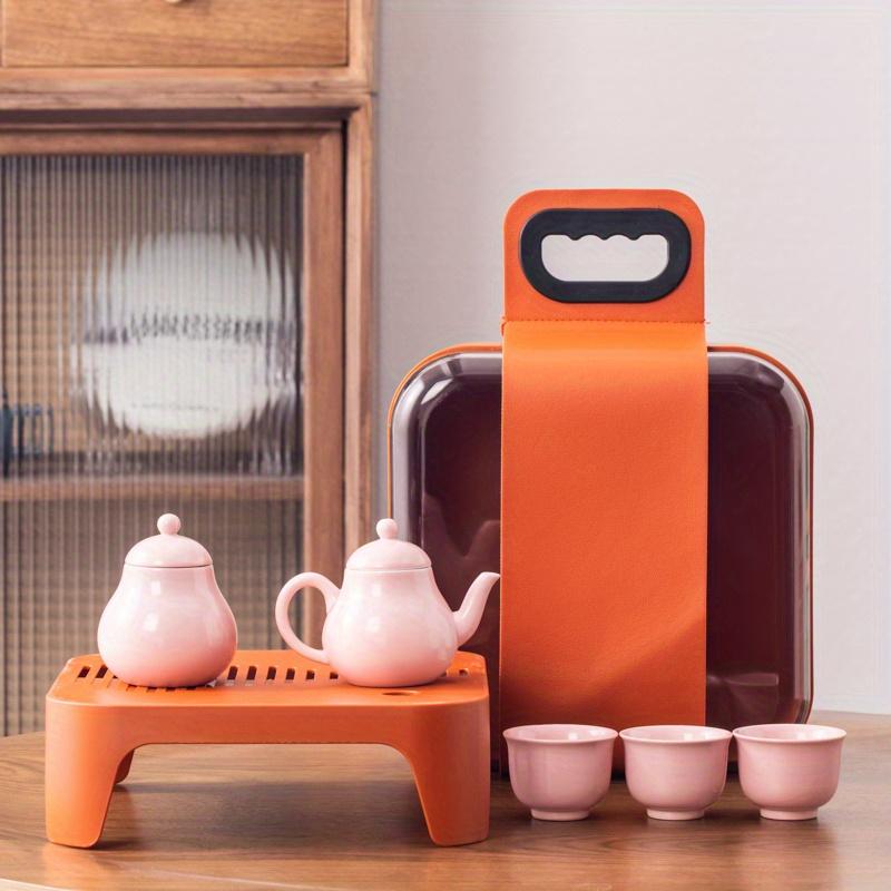 1set Of 6pcs Lucky Orange Ceramic Travel Tea Set Teapot & Cups Portable Tea Kit With Tray & Carrying Case Ideal For Outdoor Camping & Home Use Festive