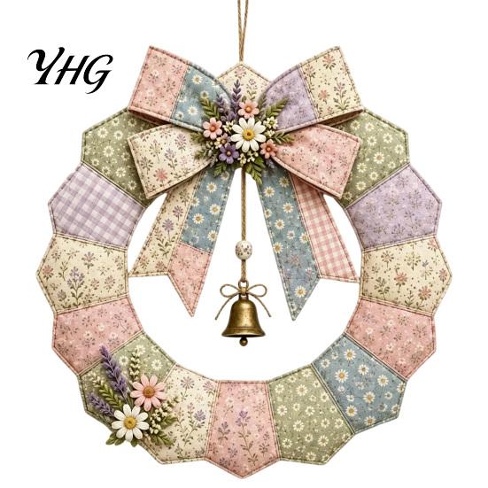 Decorative Bows And Bells Set DIY Patchwork Garland Crafting Kit, Retro Floral Fabric with Handmade Door Hanging Decor Simulated Flowers, Pastoral