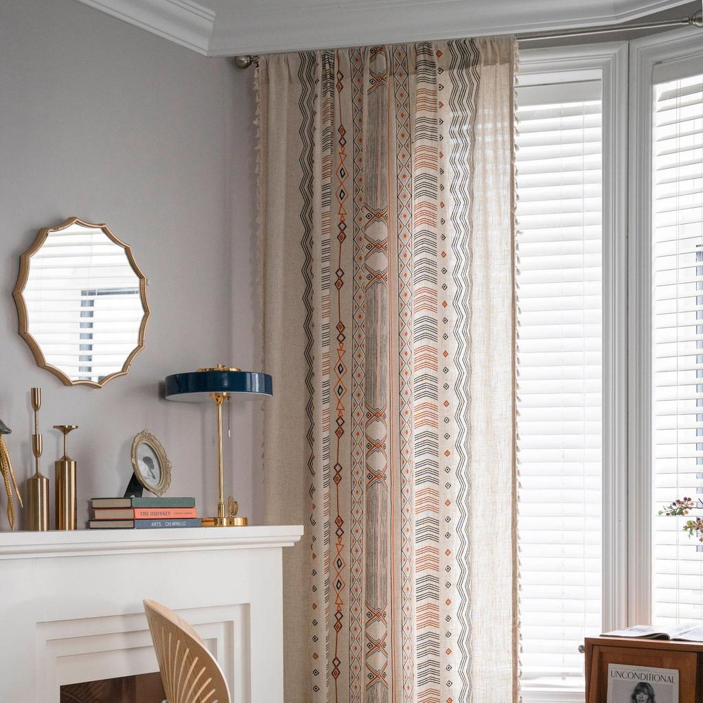 Bohemian Curtain with Tassels Single Panel Easy Hanging with A Rod Pocket & Loop for Farmhouse, Office & Living Rooms 1 Panel