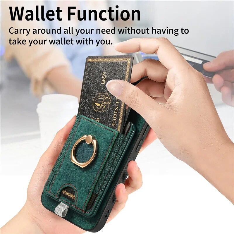 Wireless Ring Leather Wallet Phone Case for iPhone 15 Pro Max 14 Plus 13 12 11 for Samsung Galaxy S24 Ultra S23 S22 S21 FE A35 A15 A05 A54 A34 Cover