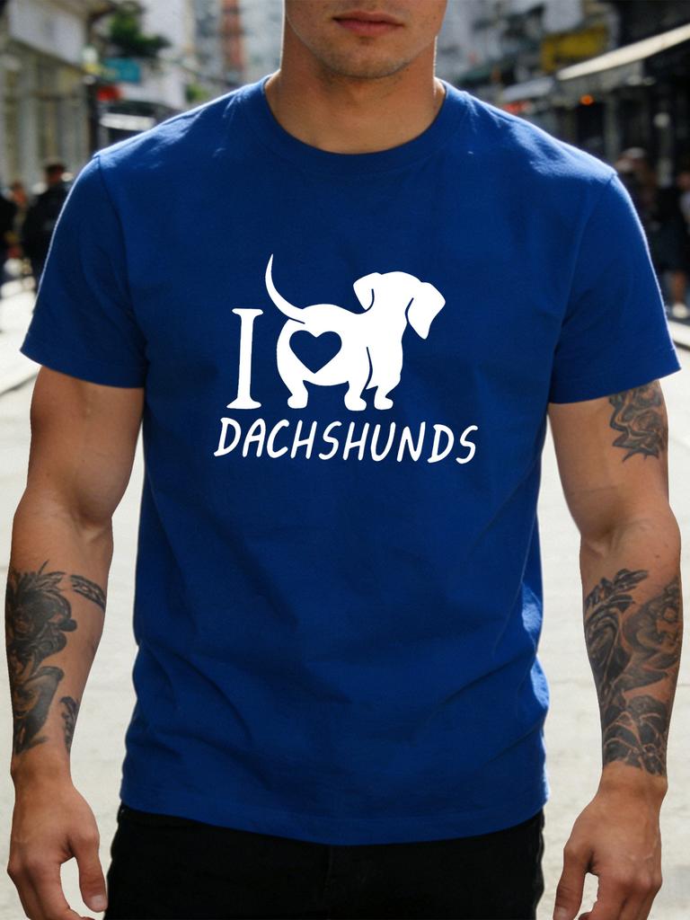 Unisex Navy Tee I Love Dachshunds Dog Heart Print Short Sleeve Loose Casual Street Basic Top For Adult Male Daily Wear Outfit
