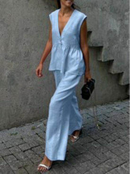 2025 European & American Style V-neck Vest & Long Pants Women's Solid Color Two-piece Set