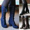 Cloth007Round Toe Block Heel Boots Women Lace Up Mid Calf Boots Gothic Vintage Style Boots