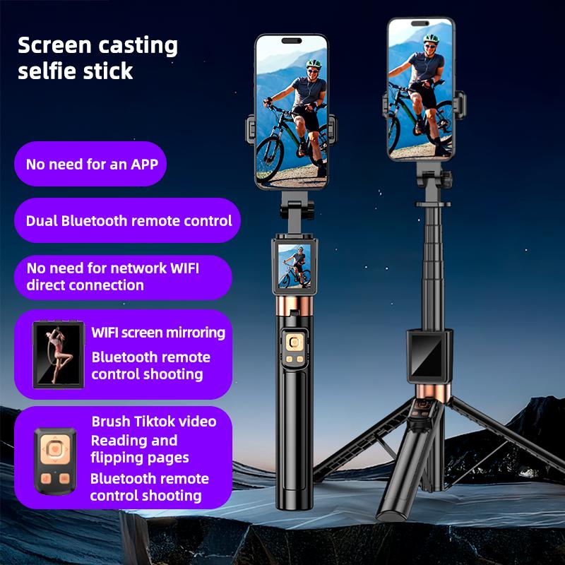 CL10 Selfie Stick Tripod Stand with Small Screen Casting Selfie Monitor with Remote Control Extendable Tripod for Smartphone