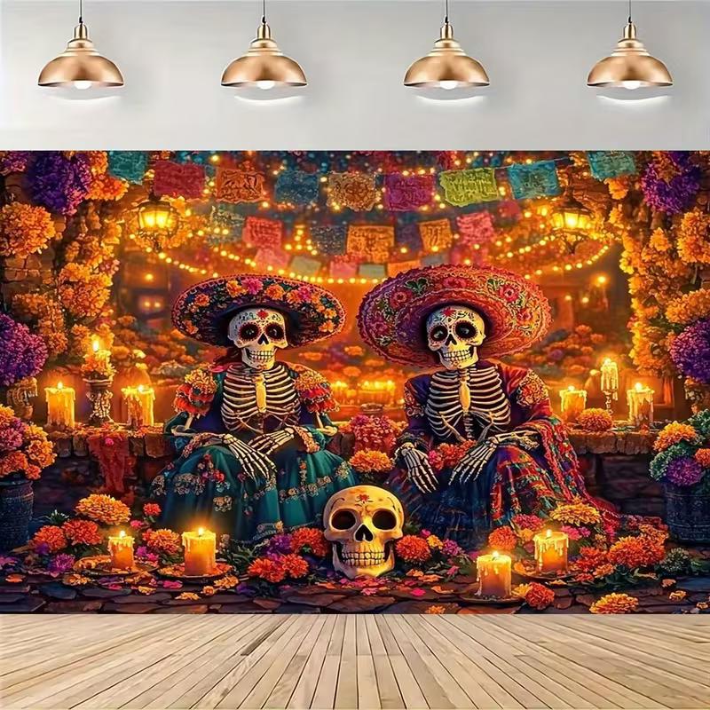 2D Dia de los Muertos Skeleton Backdrop with Colorful Papel Picado