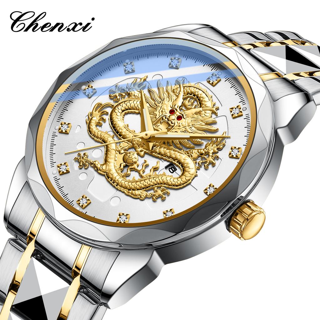 Chenxi Роскошные кварцевые часы с рельефным золотым драконом, мужские часы, оригинальный дизайн, водонепроницаемые, кварцевый механизм, стрелки часов