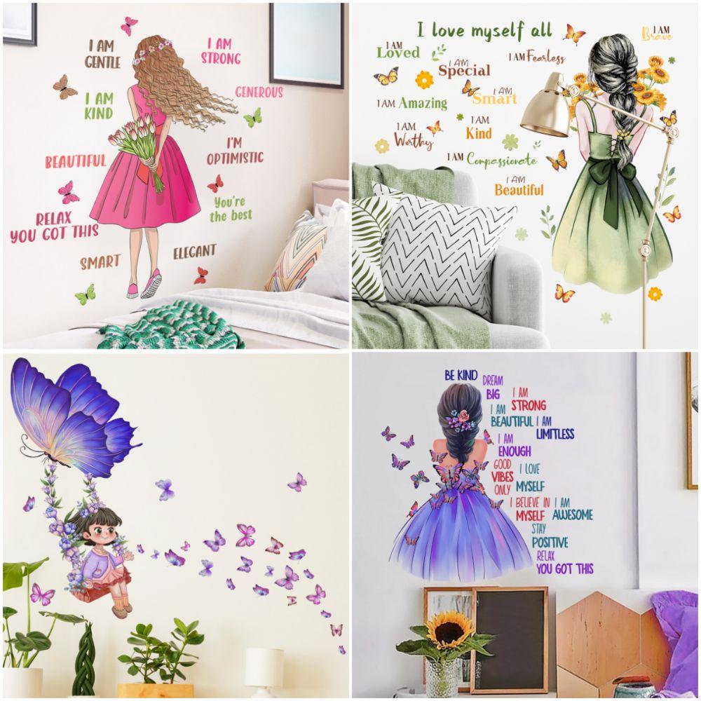 Мультяшные наклейки на стену для девочки, многоцветные, декоративные наклейки на стену, НОВЫЕ, наклейки на стену, детская комната