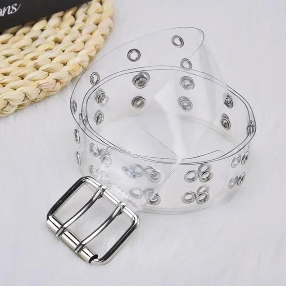 Women Summer Fashion Creative Gifts Waistband Transparent Two Row PVC Belt Laser Invisible Square Pin Buckle Multi Hole Belts