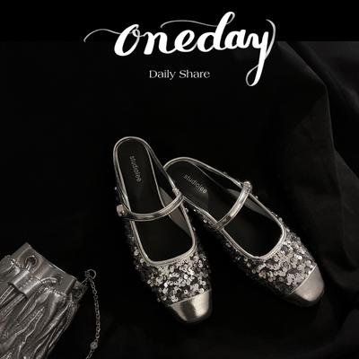 Овчина виноградная мать сверкающие пайетки толстый каблук сумка голова тапочки женские летние одно слово мюли полупятка летняя обувь прохладные тапочки