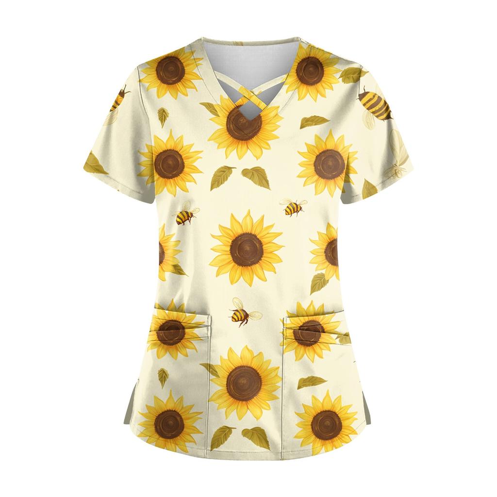 Women's Short Sleeve Stagger V Neck Print Pocket Dry-nurse Top