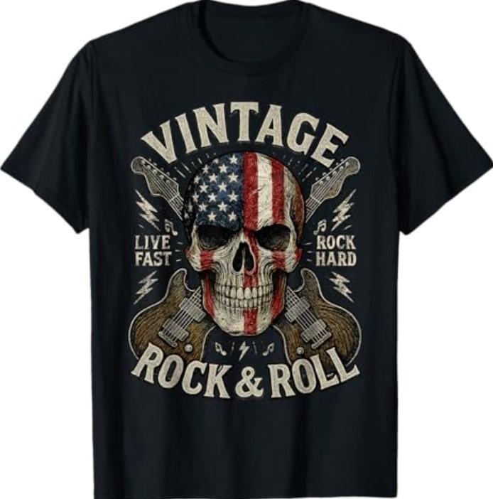 Винтажная футболка Rock Skull с американским флагом и гитарой в стиле ретро Rock and Roll