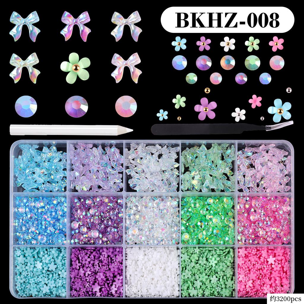 15Grids/box Mixed Resin Bowknot Nail Art Decorations 3D Acrylic Charms Kawaii Colorful Bow Rhinestone DIY Manicure Tools Parts