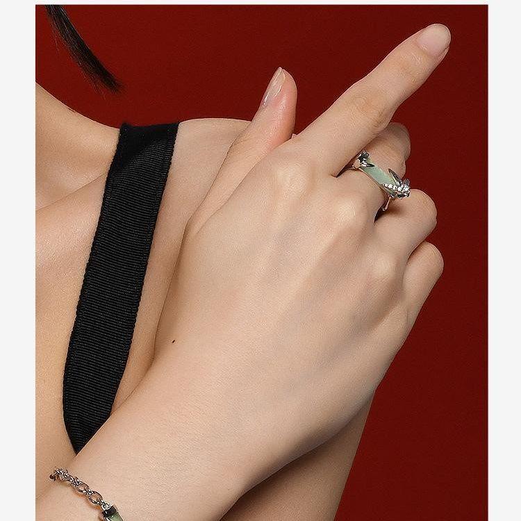 Японское бамбуковое кольцо с нефритом в виде листа, регулируемое, женское - Дизайн легкой роскоши