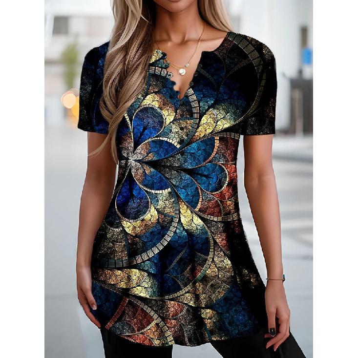 Simple Women'S Short Sleeve 3D Flower Print Clothes Beautiful V Neck Short Sleeve T-Shirt Trendy Fashion Women'S Streetwear