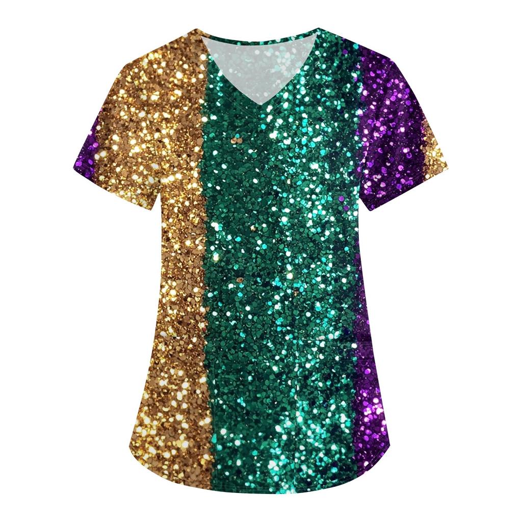 Женская карнавальная принтовая свободная униформа с V-образным вырезом и карманом с коротким рукавом