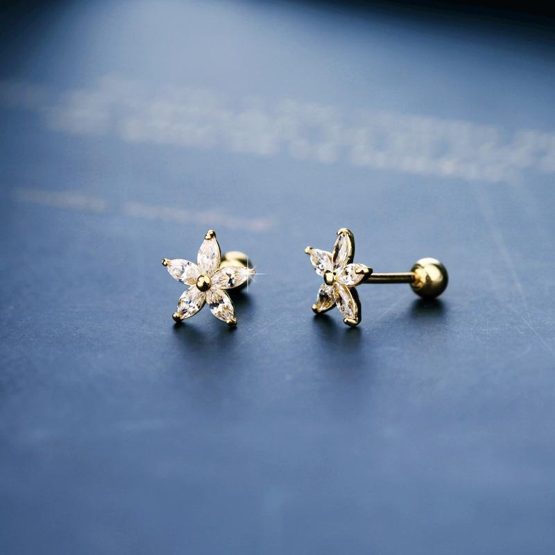 Real 925 Sterling Silver Fashion Sweet Flower Bead Screw Stud Earrings for Women Wedding Fine Jewelry