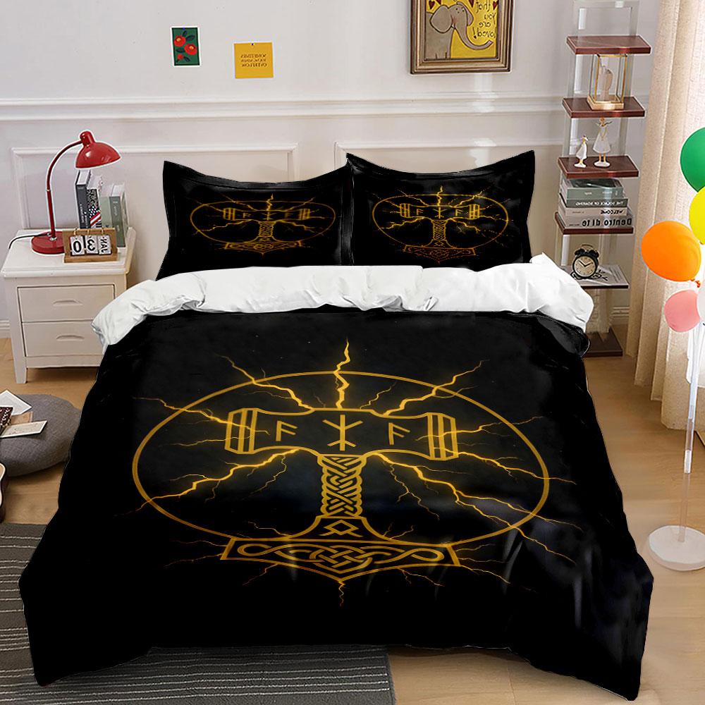 Golden Thor's hammer motif. Bedding sets Duvet cover sets Duvet covers Pillowcases(1 * Duvet Cover 2 * Pillowcases, without duvet insert)
