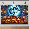 A Background of a Halloween Pumpkin Patch, Made of Polyester Fiber, with a Blue Moonlit Sky and Lanterns.zyc