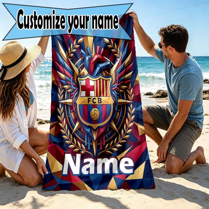 Custom Name Personalized Barcelona FC Soccer Print Beach Towel, for Trip Camping Beach Party Home Decor, Birthday Gift for Family & Friends