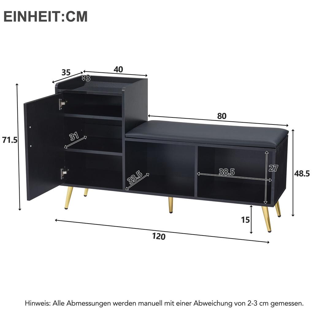 Schuhbank Schwarz Hochglanz Sitzbank Stauraum, gepolstert, 1 Schranktür, 2 offene Fächer, Schuhregal Flur, Eingang, Wohnzimmer, bis 100 kg