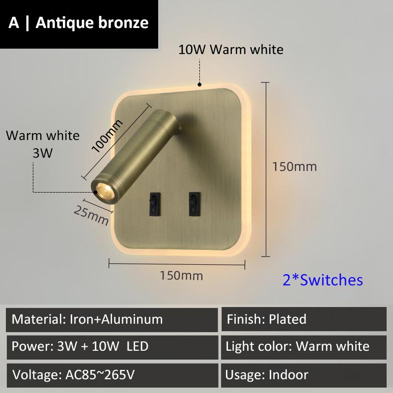Creative Base Switches Small Wall Lamp With USB Type-C Charging Port Living Room Bedroom Bedside Rotatable Reading Light 10W+3W