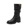 2024 Autumn/Winter Western Retro Women's Pleated Mid-Calf Boots with Thick Heels In Popular Style.