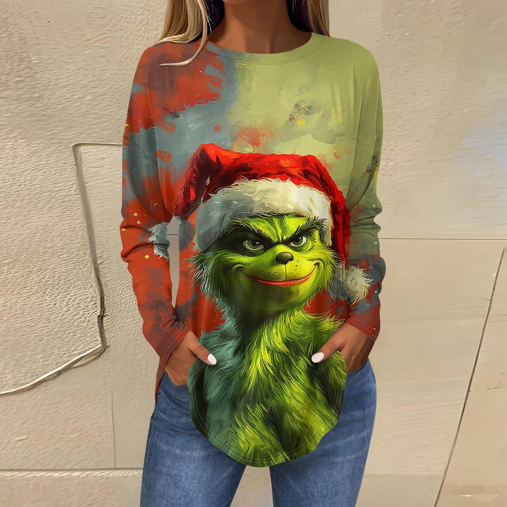 Women's Loose Round Neck Print Long Sleeve T-Shirt Top Pullover