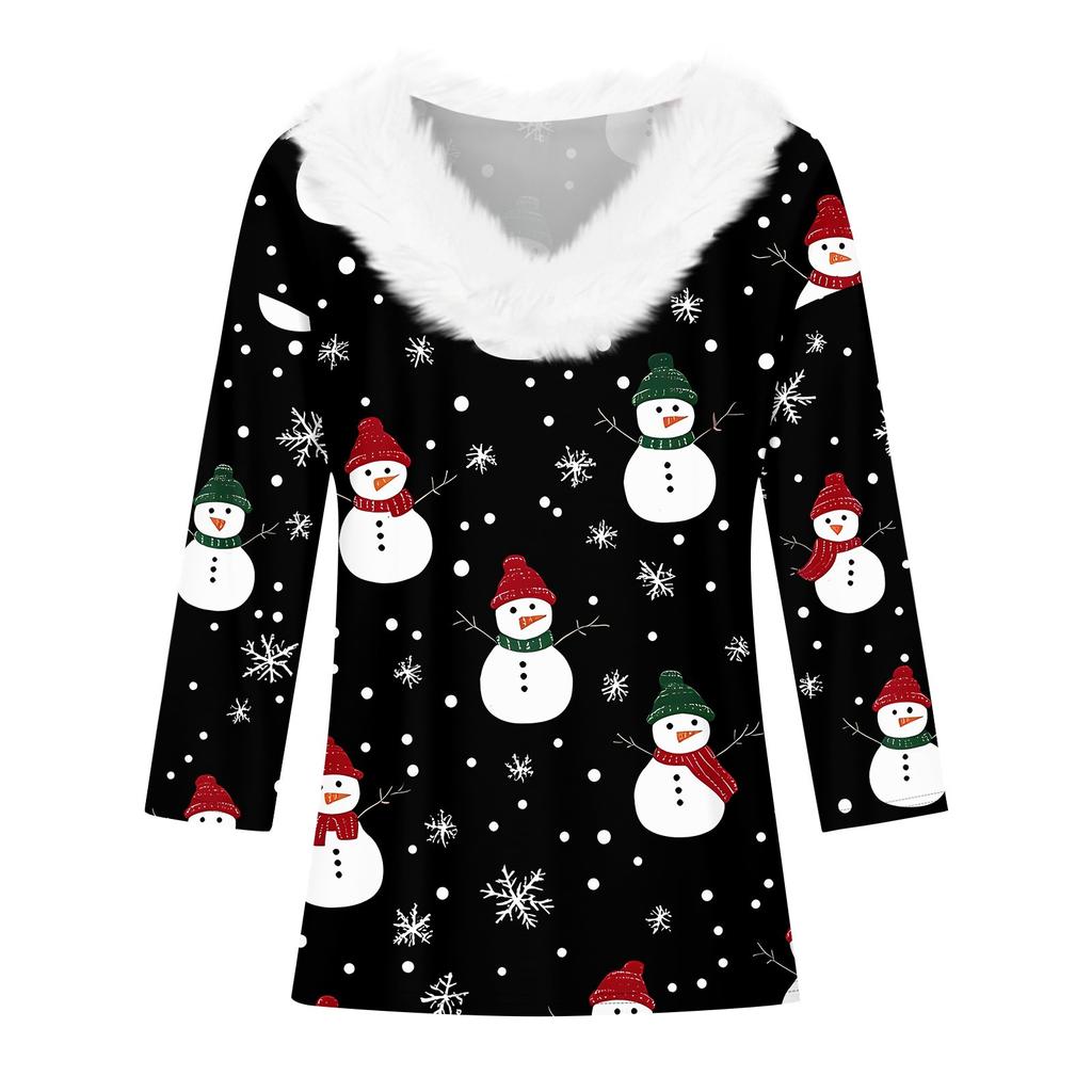 Женская футболка с рождественским принтом, флисовый воротник с рукавом три четверти и V-образным вырезом на рождественской вечеринке