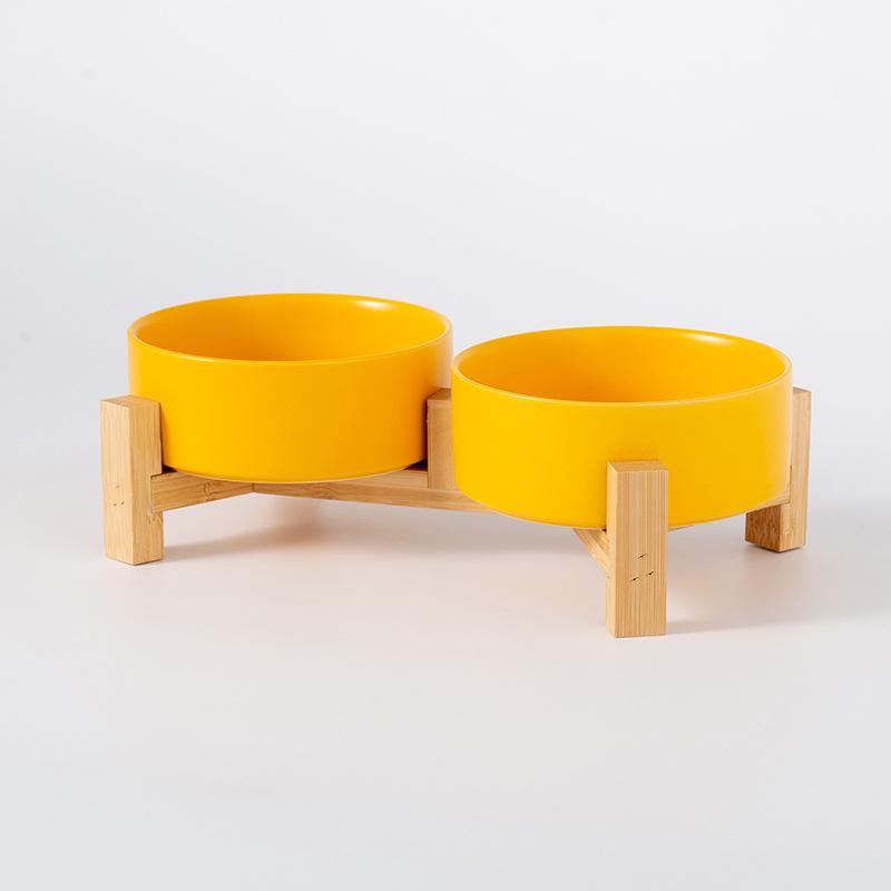 Керамическая миска для корма домашних животных с приподнятой бамбуковой подставкой - Антиопрокидывающаяся конструкция для собак и кошек, Защищает шейный отдел позвоночника