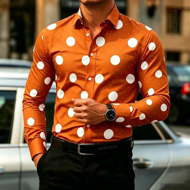 Мужская рубашка в горошек с длинным рукавом, приталенная, для стиля business casual, модный топ для активного отдыха