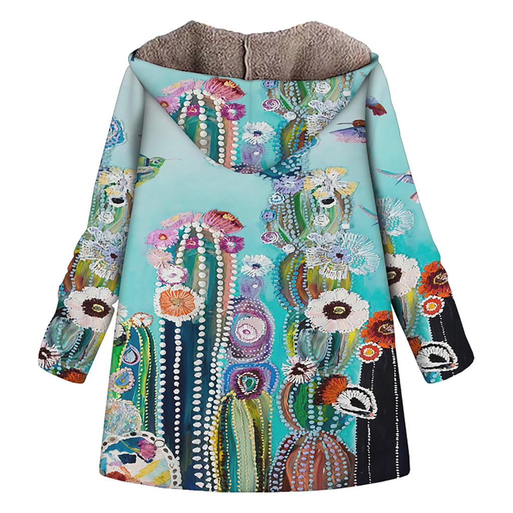 Women's Casual Large Print Zipper Plush Hooded Long Sleeve Coat With Pockets Winter