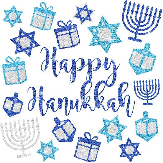 Whaline 6 Sheets Glitter Hanukkah Window Clings Window Decal Chanukah Star Menorah Reble Anti-Collision Windows Decor for Home Classroom Office Party