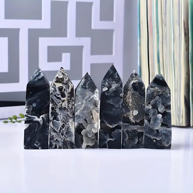 1pc Black Glitter Agate Crystal Columns Decorative Ornaments for Home and Office Natural Mineral Single Pointed for Room Decor
