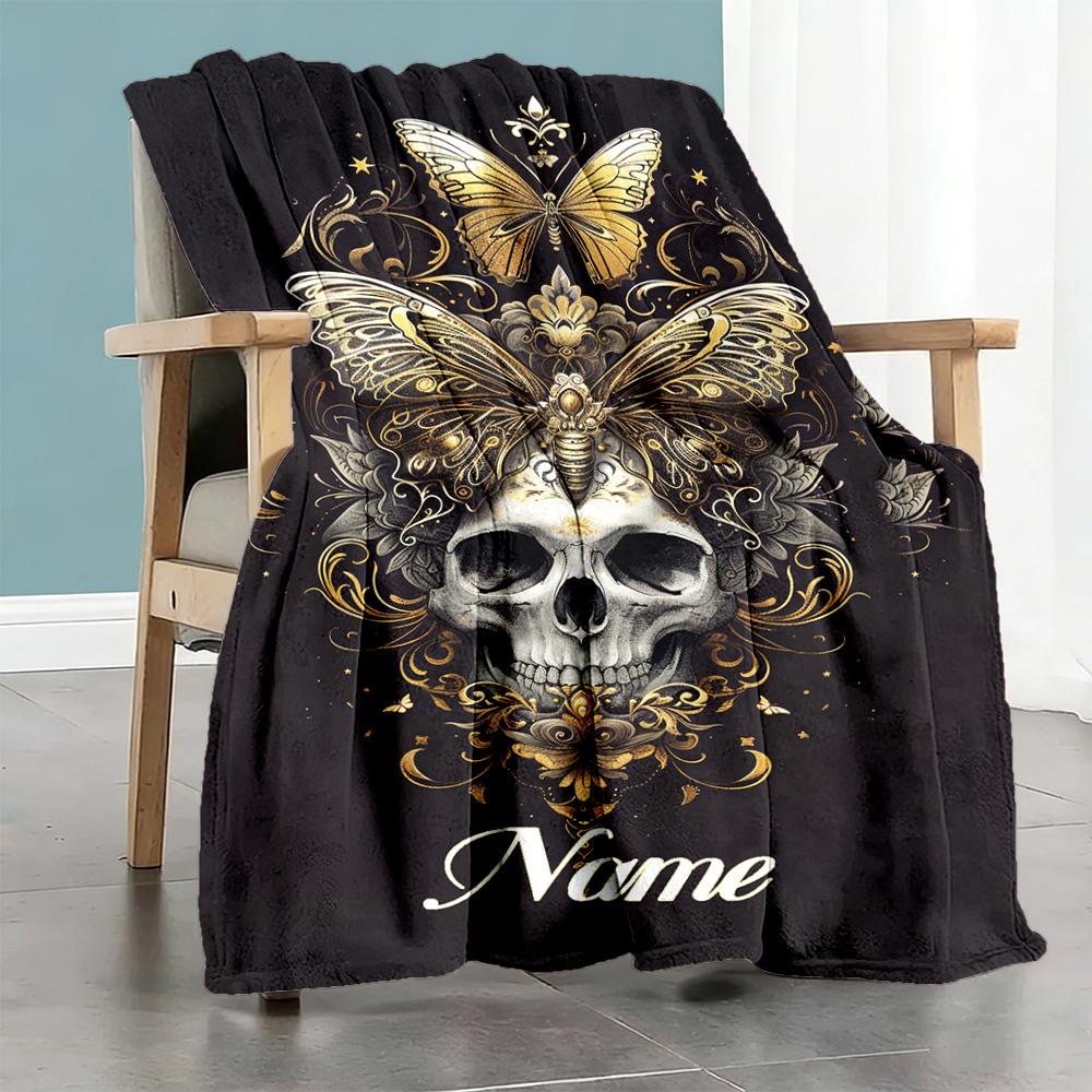 Golden Skull Butterfly Personalized Name Blanket Multi-purpose Personalized Blanket Warmthful Decor Throw For Home Decor Livingroom Office Chair