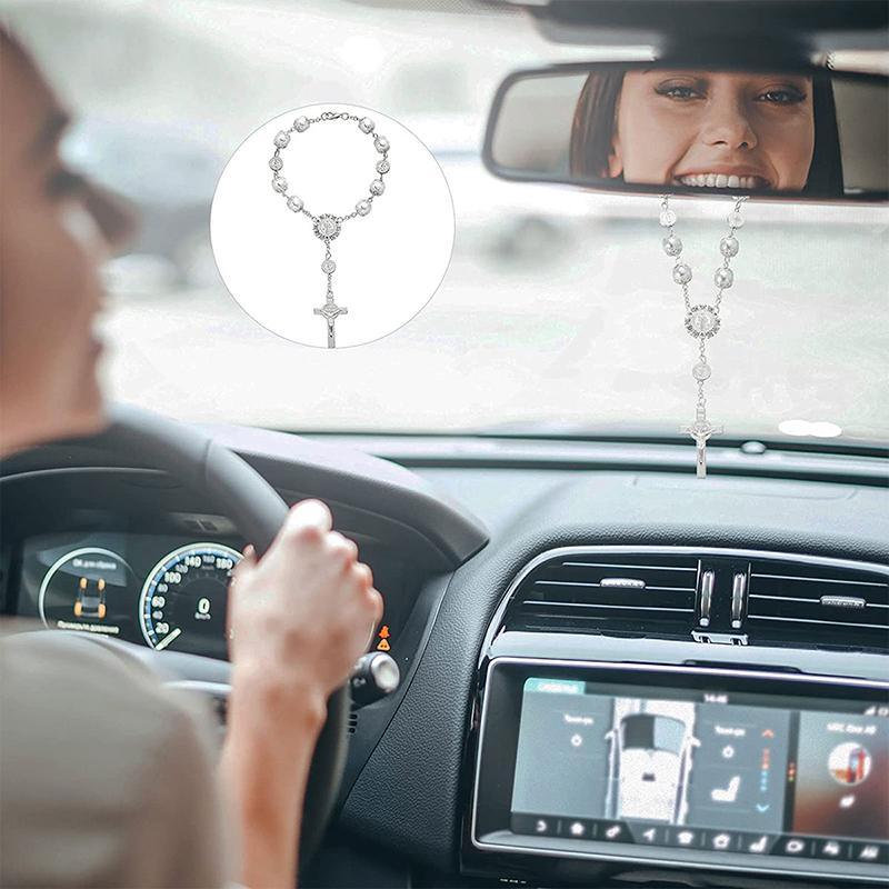 Car Pendant Bling Retro Imitation Pearl Metal Jesus Cross Car Rear View Mirror Hanging Ornament Cross Hanging Decoration