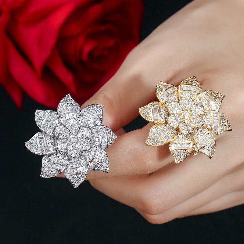 CMM Jewelry Designer Big Flower Yellow Gold Color Luxury Cubic Zirconia Engagement Wedding Rings Jewellery for Women