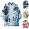 Men's Casual Loose Open Front 3/4 Sleeve Japanese Style Print Cover Up Cardigan