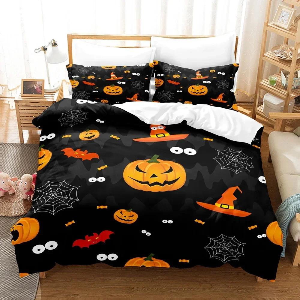 Halloween Cartoon Pumpkin Lantern Castle Bat Comfortable Duvet Quilt Cover Pillowcase Bedding Set Children Bedroom Decoration