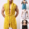 Men Sexy Hooded Nightgown Sleeveless Solid Color Hollow Out Mesh Summer Loungewear Lace-up Night Robe Homewear