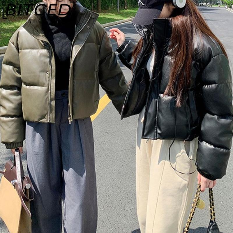 BITCED Кожаная куртка на хлопковой подкладке Осень/Зима для женщин с воротником-стойкой укороченная теплая стеганая куртка