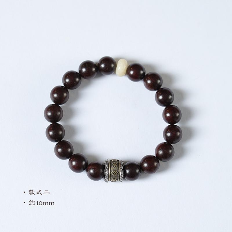 Small-leaf rosewood bracelet with Tibetan silver vajra and rotating beads, single-loop wooden bead bracelet